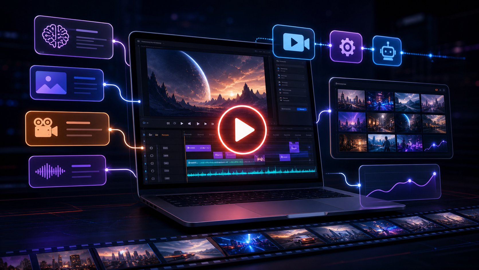 AI video automation dashboard with timeline, workflow nodes, and video thumbnails