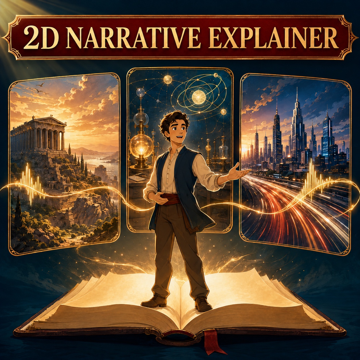 2D narrative explainer: an animated storyteller stands on an open book between ancient, scientific, and futuristic scenes tied together by a golden voice waveform