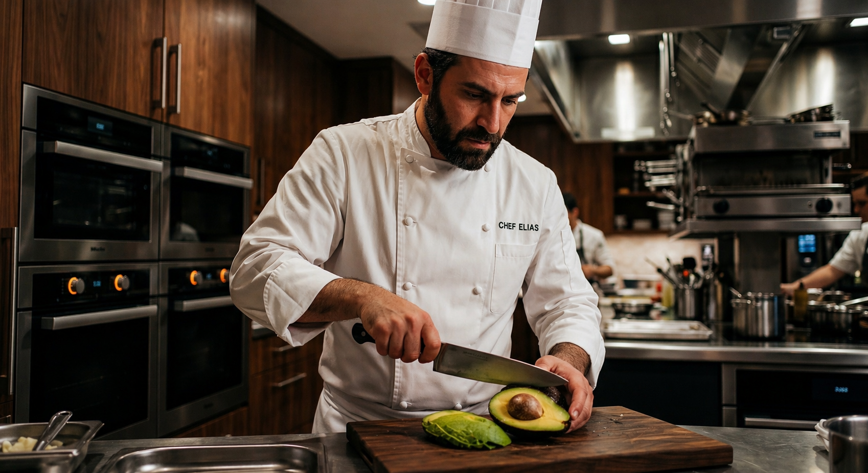 First frame showing a chef cutting an avocado in a kitchen