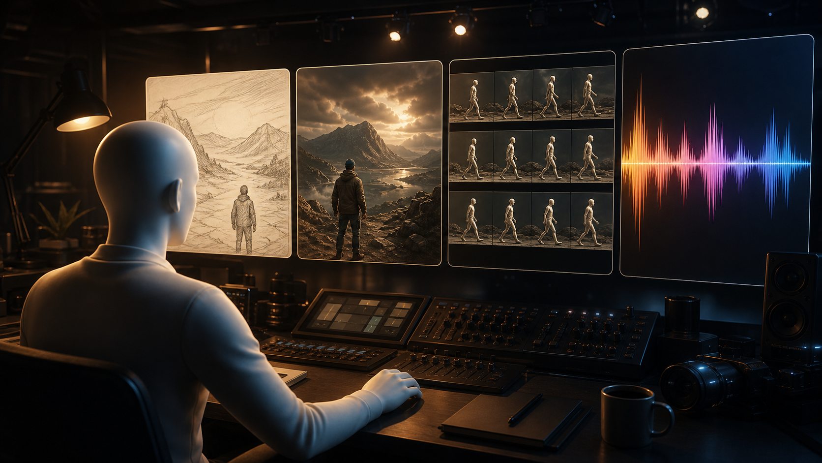 3D documentary workflow scene with storyboard, cinematic image, motion frames, and audio waveform