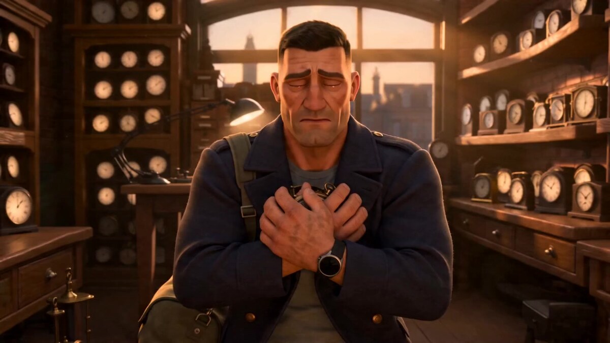 3D animated emotional clock shop character scene