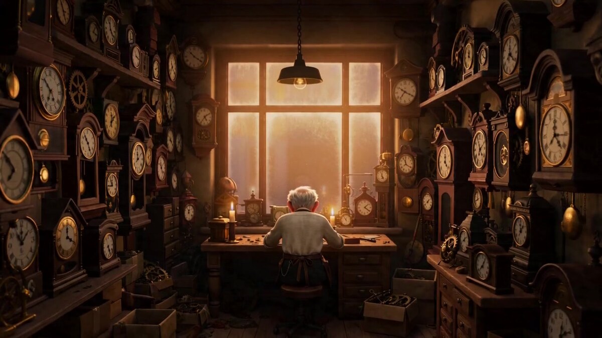 3D animated clockmaker workshop scene