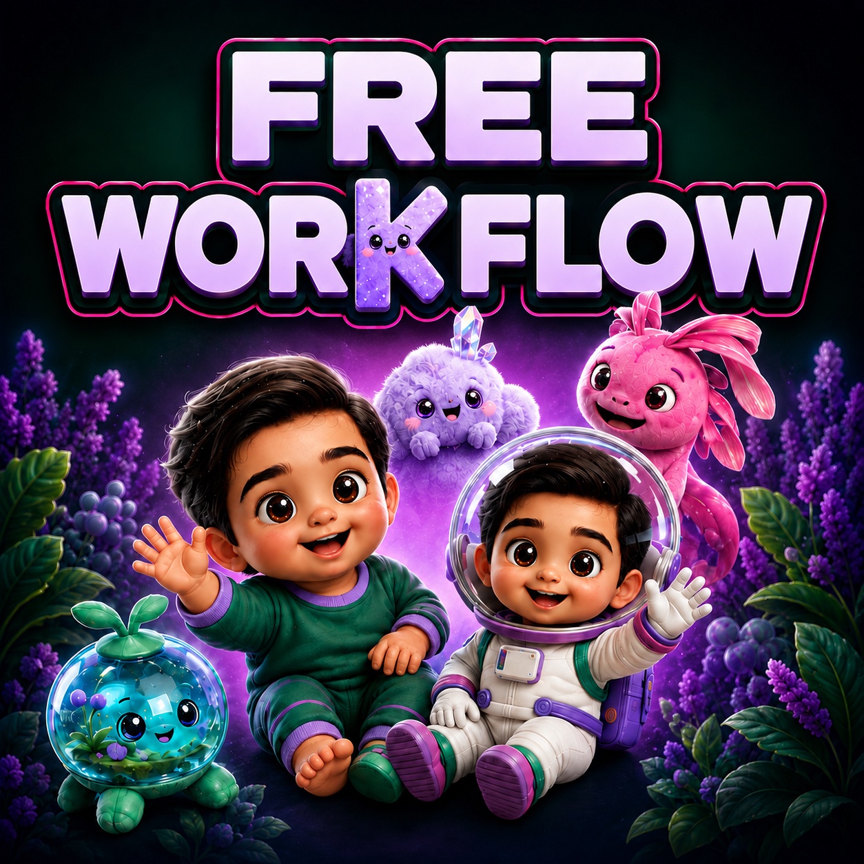 AI kids music videos workflow: cheerful 3D animated toddlers and friendly creatures in a glowing lavender garden under a Free Workflow title