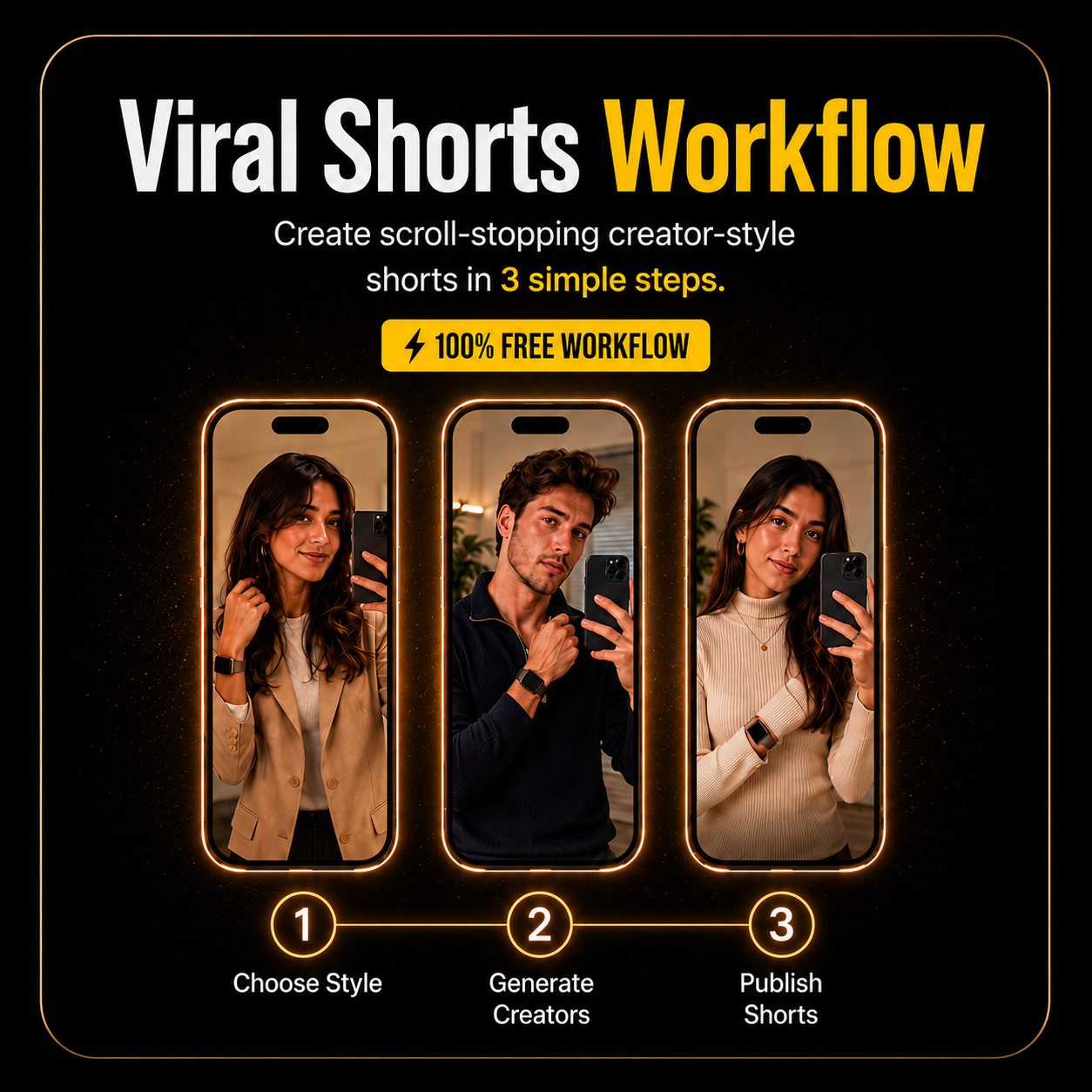 Viral Shorts Workflow: three creator-style phone frames showing the choose style, generate creators, and publish shorts steps